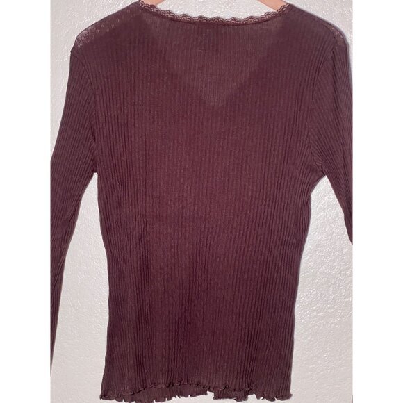 Talbots Top XL Pull Over Brown Lace Trim 60% Pima Cotton 40% Modal Ribbed Y2K - Picture 9 of 15